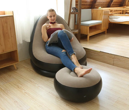OTAUTAU Inflatable Lounger with Footstool Ottoman Chaise Lounge Recliner Outdoor Portable Camping Couch Garden Chair Pouf SF029