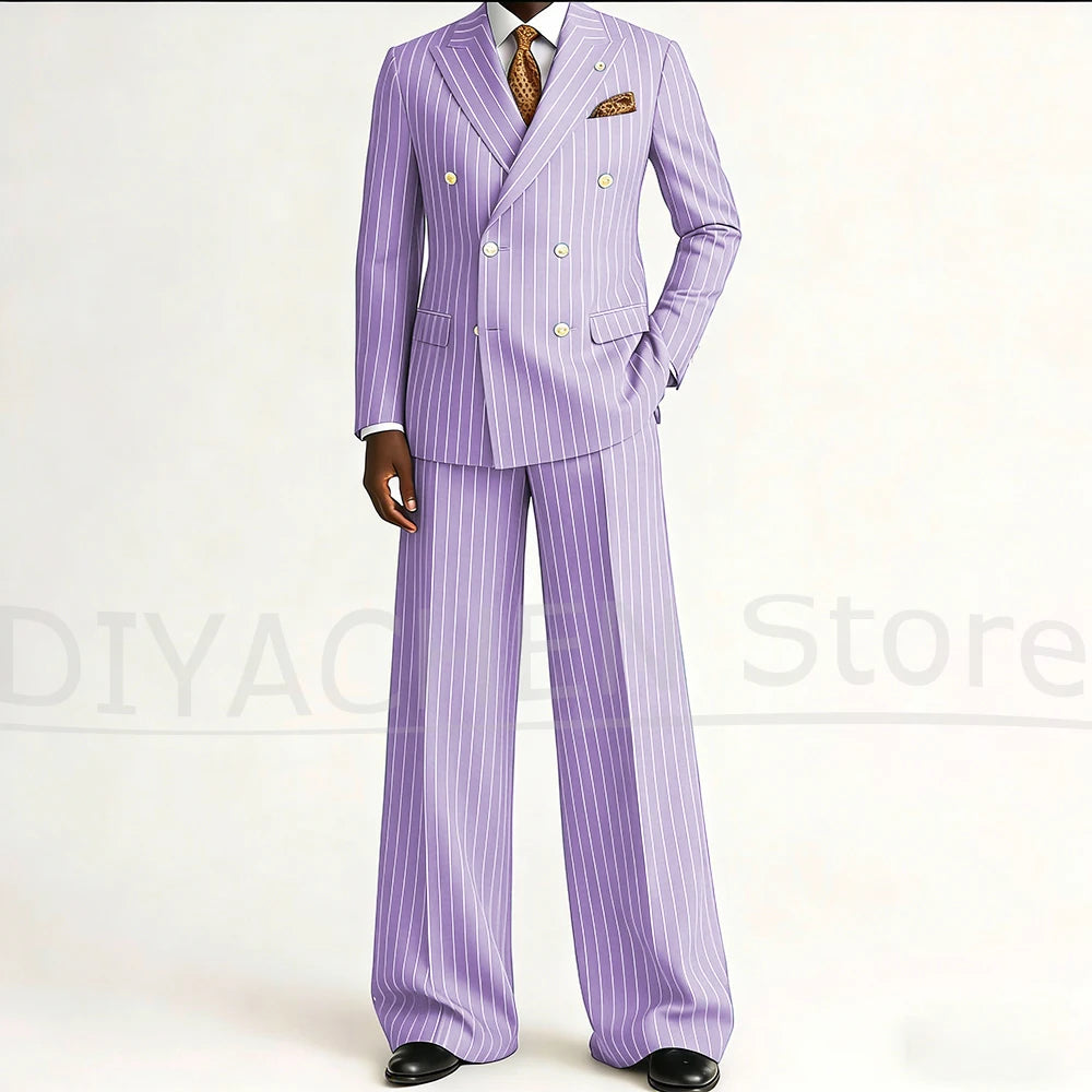 Men's Striped Double Breasted Suit Set Fashion Peak Lapel Formal Outfits 2 Piece Wedding Business Events Casual Male Suit