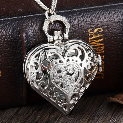 Romantic Silver Heart Shape Design Necklace Pendant Exquisite Quartz Pocket Watch FashionGift Fashion Clock For Female Ladies