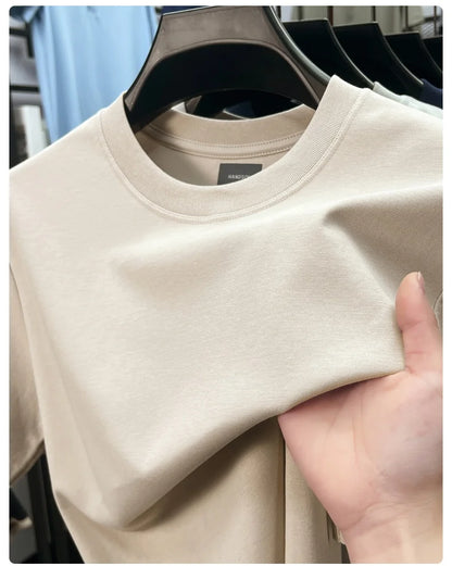 High quality luxury short sleeve T-shirt summer breathable cool silk cotton fashion solid color round neck top casual men's wear