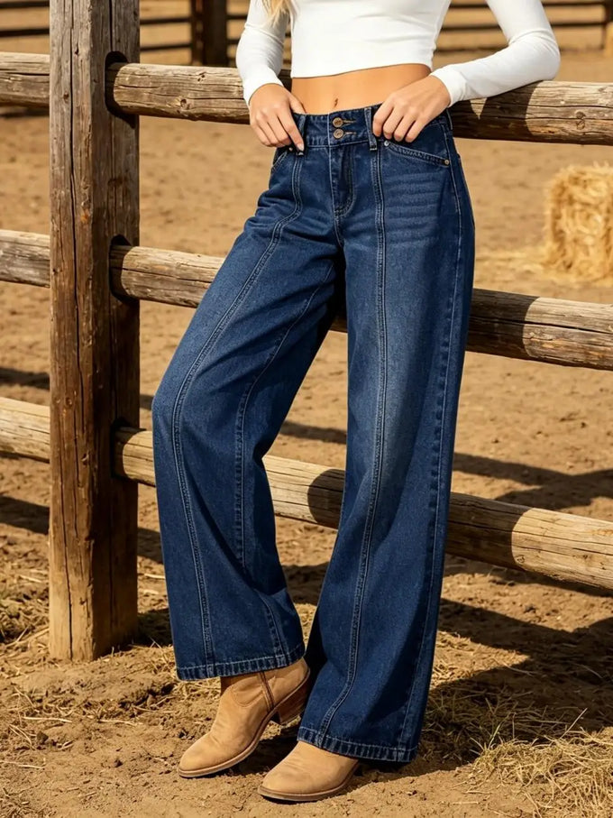 High-Waisted Triple-Button Wide-Leg Jeans
