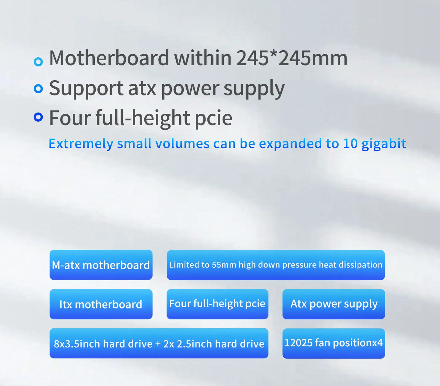 Sagittarius 8-bay NAS Computer Chassis with ATX Power Supply, MATX Motherboard, Full-height PCIE, 21.8L