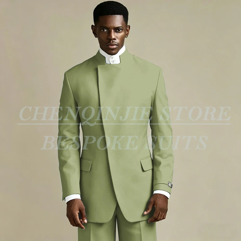 Elegant Black Men's Suits 2 Piece Jacket Pants Outfits Formal Single Breasted Stand Lapel Skinny Clothing Costume Homme