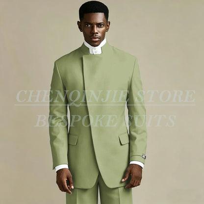 Elegant Black Men's Suits 2 Piece Jacket Pants Outfits Formal Single Breasted Stand Lapel Skinny Clothing Costume Homme