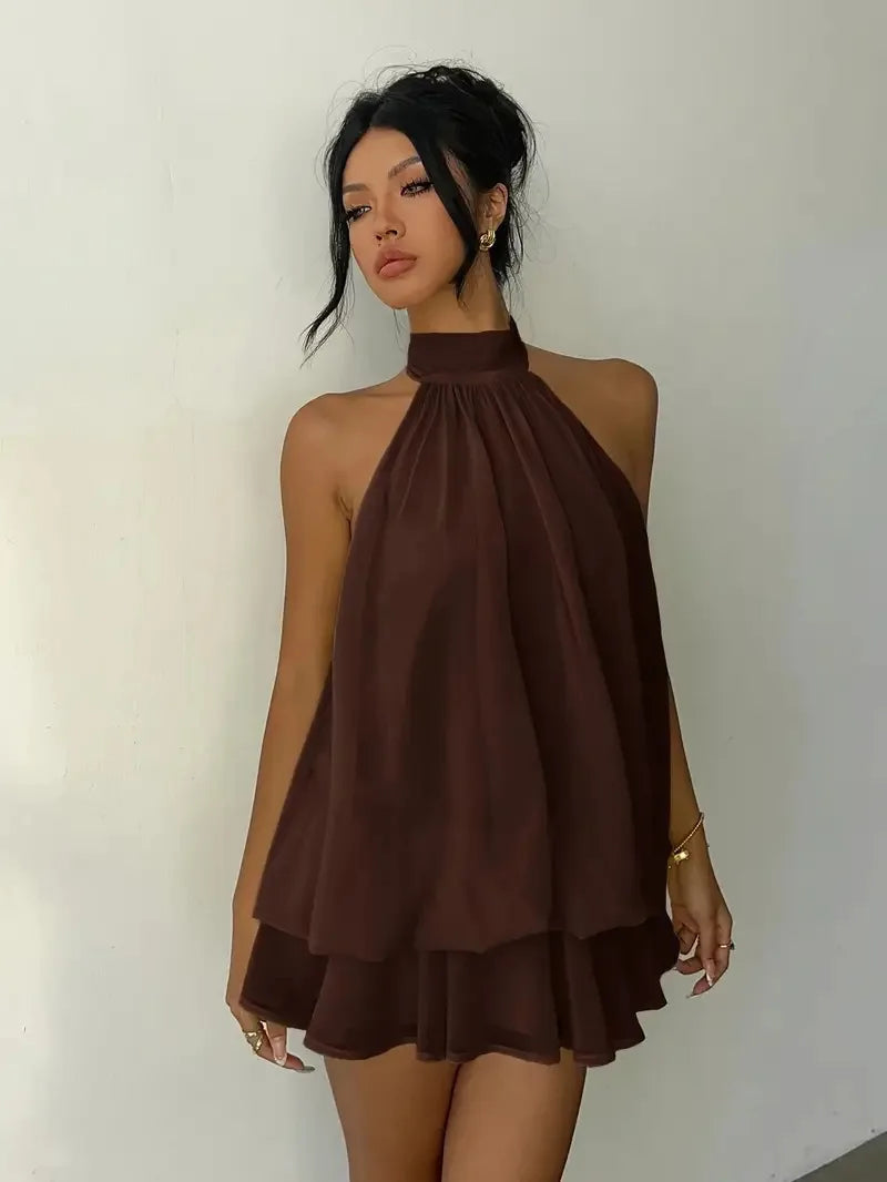 2026 Women's Elegant Halter Neck Sleeveless Ruffled Layered Chiffon Mini Dress Casual Summer Party Dress for Beach Vacation Y2K