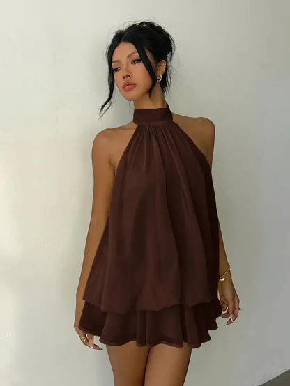 2026 Women's Elegant Halter Neck Sleeveless Ruffled Layered Chiffon Mini Dress Casual Summer Party Dress for Beach Vacation Y2K