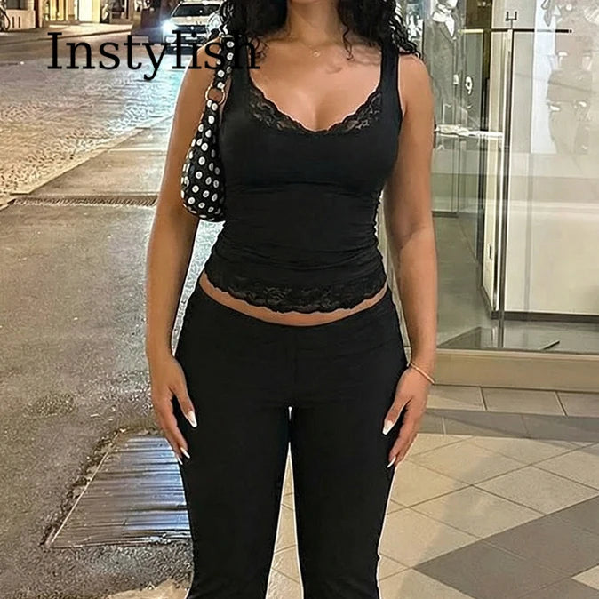 Square Collar Backless Slim Lace Ruffles Patchwork Tank Top Women'S Fashion Sexy Y2K Top Party Vacation Short Summer Clothes