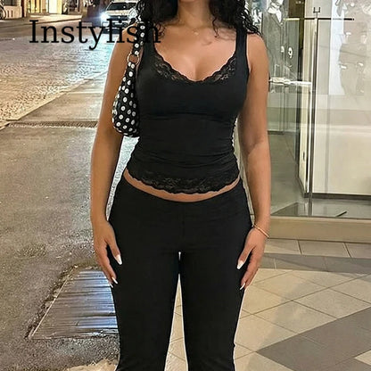 Square Collar Backless Slim Lace Ruffles Patchwork Tank Top Women'S Fashion Sexy Y2K Top Party Vacation Short Summer Clothes
