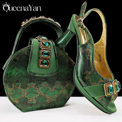 2025 Elegant Green Peep-Toe Women Heel Pumps for Italian Matching Party Shoes and Bags Set for Parties with Diamond Accents