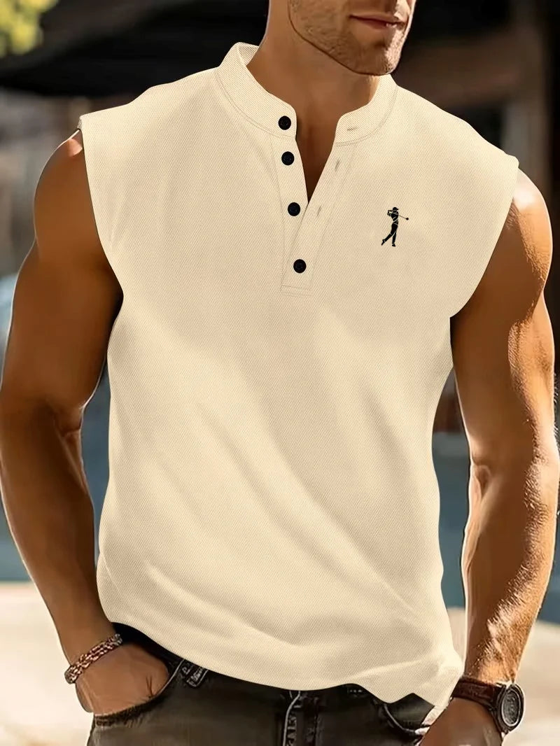Summer Men's Casual Sleeveless Polo Shirt Golf Embroidery Stand Collar Button Tank Top for Sports