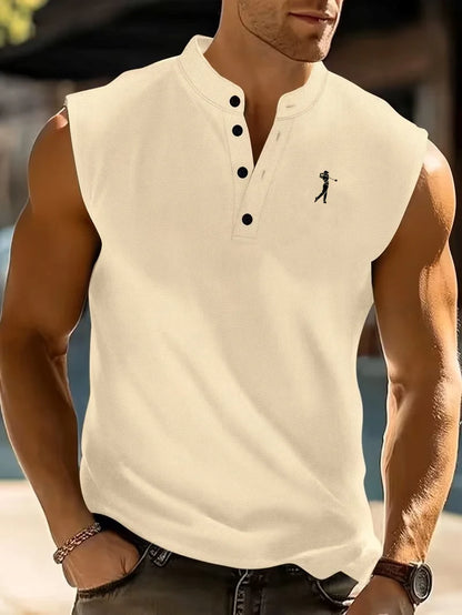 Summer Men's Casual Sleeveless Polo Shirt Golf Embroidery Stand Collar Button Tank Top for Sports