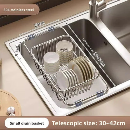 Telescopic Stainless Steel Sink Drain Basket Dishwashing Rack Kitchen Storage Organizer for Utensils and Dishes