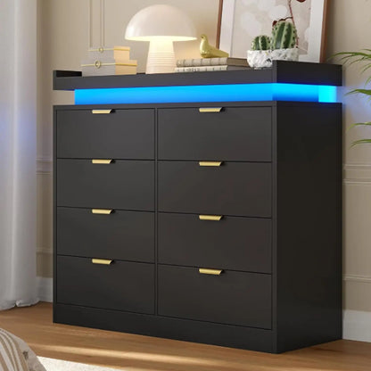 Modern Large Wooden 8 Drawer Bedroom Dresser, Storage Chest Integrated with LED Lights and Convenient Power Outlet, Customized