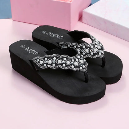 2025 Women Beach Flip Flops Summer Wedges Shoes Bling Rhinestone Soft EVA Girls Home Street Slippers Mid-heel Fashion Sandals