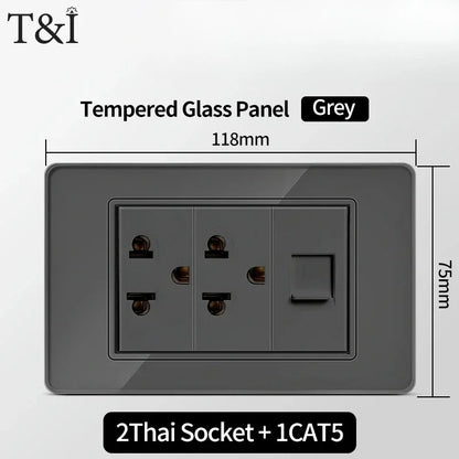 118*75mm TEMPERED GLASS SWITCH PANEL Wall Socket with USB Type - C, Grey US Switch, Thai Plug for Home & Office Use