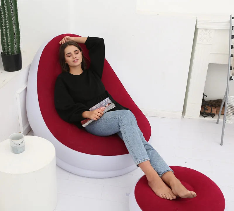 OTAUTAU Inflatable Lounger with Footstool Ottoman Chaise Lounge Recliner Outdoor Portable Camping Couch Garden Chair Pouf SF029