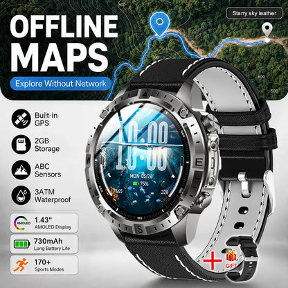 New Outdoor GPS Offline Map Smart Watch Men 3ATM Waterproof 170+ Sports LED Compass Altimeter AMOLED Bluetooth Call Smartwatch
