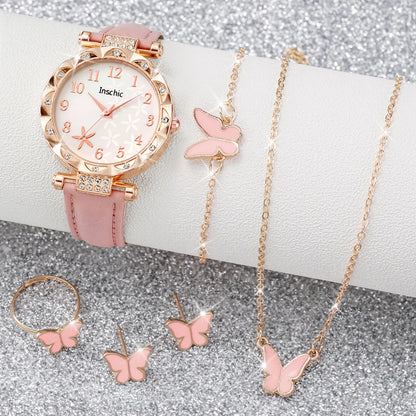5/6PCS Fashion Rhinestone Women Watches Casual Leather Band Quartz Watch for Women Clock Jewelry Set Reloj Mujer（Without Box）