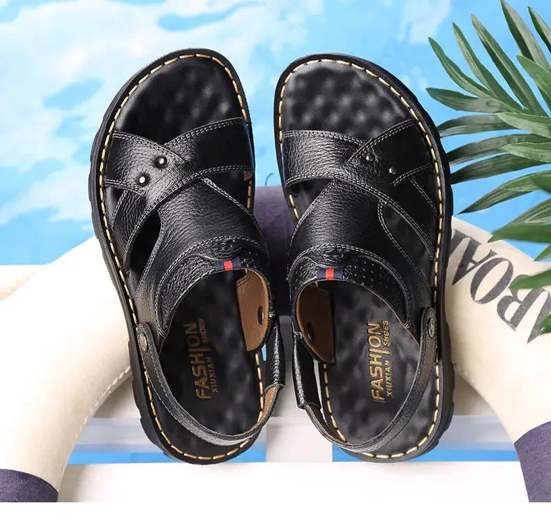 Summer New Men's Leather Sandals, Leather Anti Slip Men's Shoes Slippers, Outdoor Thick Soled Beach Shoes Men's Shoes Sandals