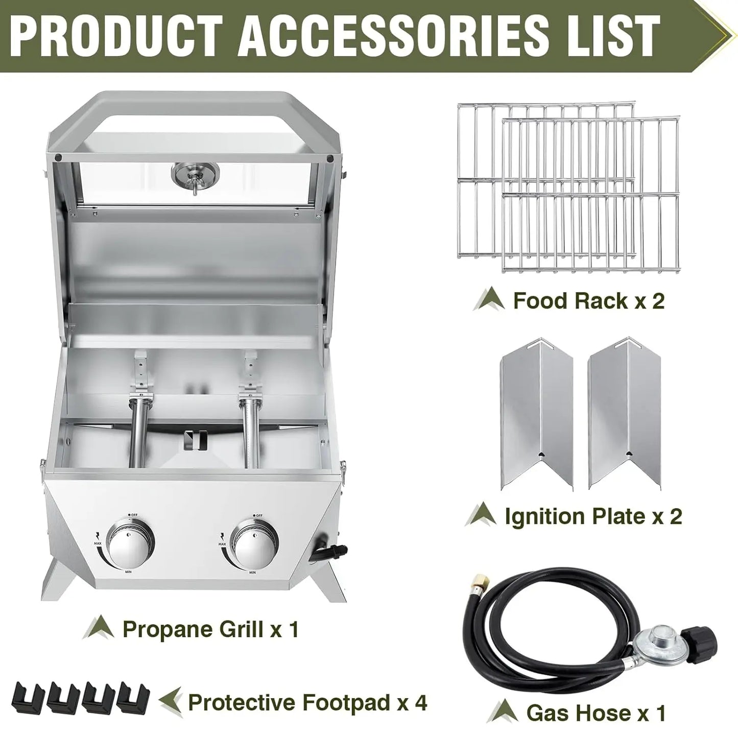 20000 BTU Porterhouse Tabletop Gas Grill 2 Burners Stainless Steel BBQ with Glass Lid Portable Outdoor, Customized
