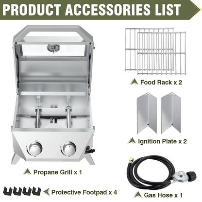 20000 BTU Porterhouse Tabletop Gas Grill 2 Burners Stainless Steel BBQ with Glass Lid Portable Outdoor, Customized