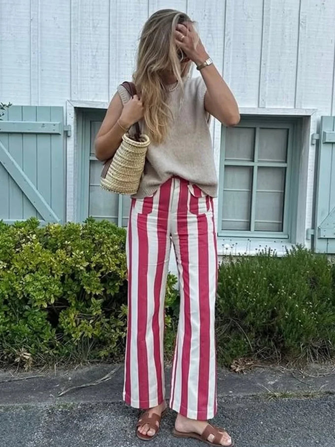 Pinstripe High-Waisted Flared Trousers