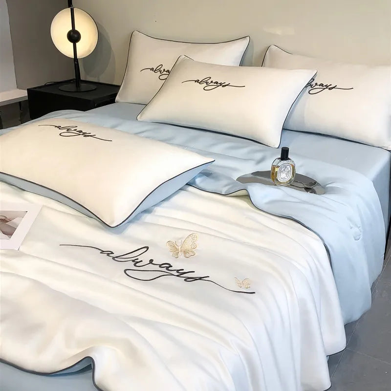 Lightweight Summer Quilt, 100% Polyester Fabric, Microfiber Filling With Embroidery Decoration, Breathable Bed Comforter