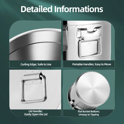 Airtight Food Storage Container 33L Large Capacity, 304 Stainless Steel Bucket with Locking Lid for Rice, Flour, Cereals