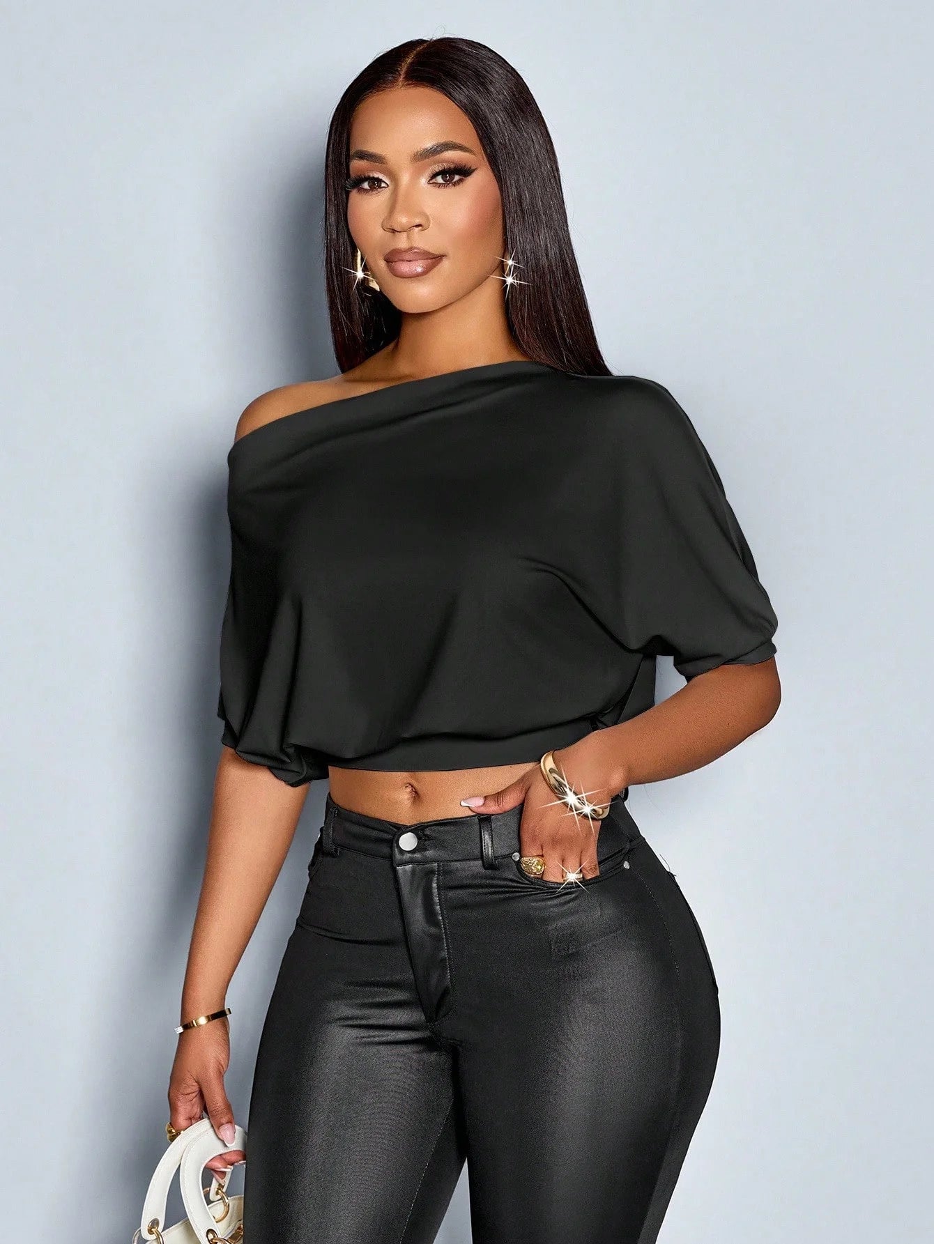 Women's Solid Color Asymmetric Collar Pleated Shoulder T-Shirt