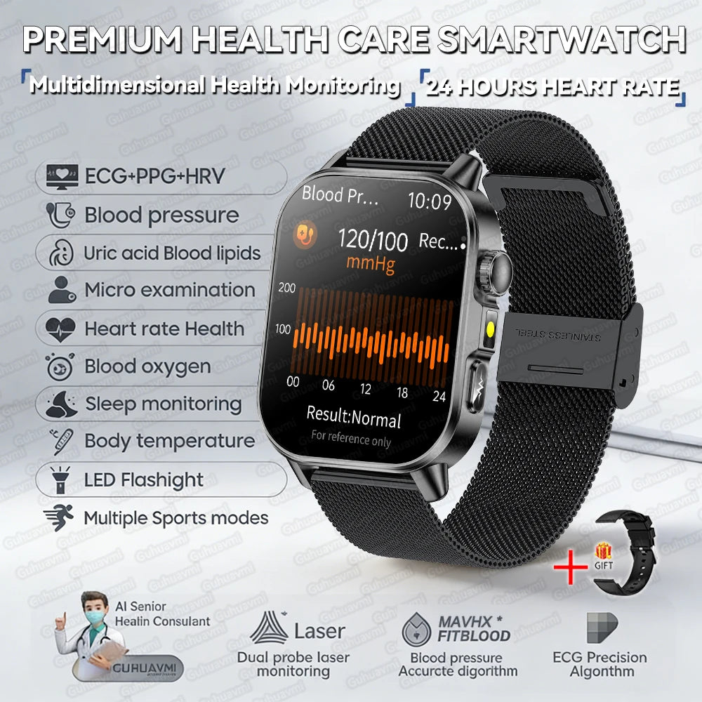 New Professional Health Watch Blood Pressure 2.01"AMOLED Screen Uric Acid Blood Lipids Flashlight Care Smart Watches for Women