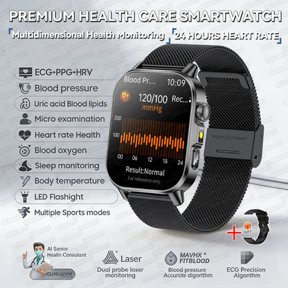 New Professional Health Watch Blood Pressure 2.01"AMOLED Screen Uric Acid Blood Lipids Flashlight Care Smart Watches for Women