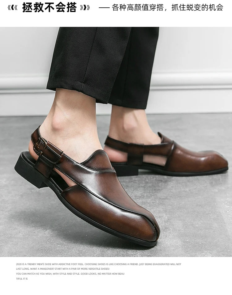 Hollow Out Dress Party Sandals Fashion Leather Summer Shoes Men Leisure Formal Flats Business Footwear Men's Wedding Sandals