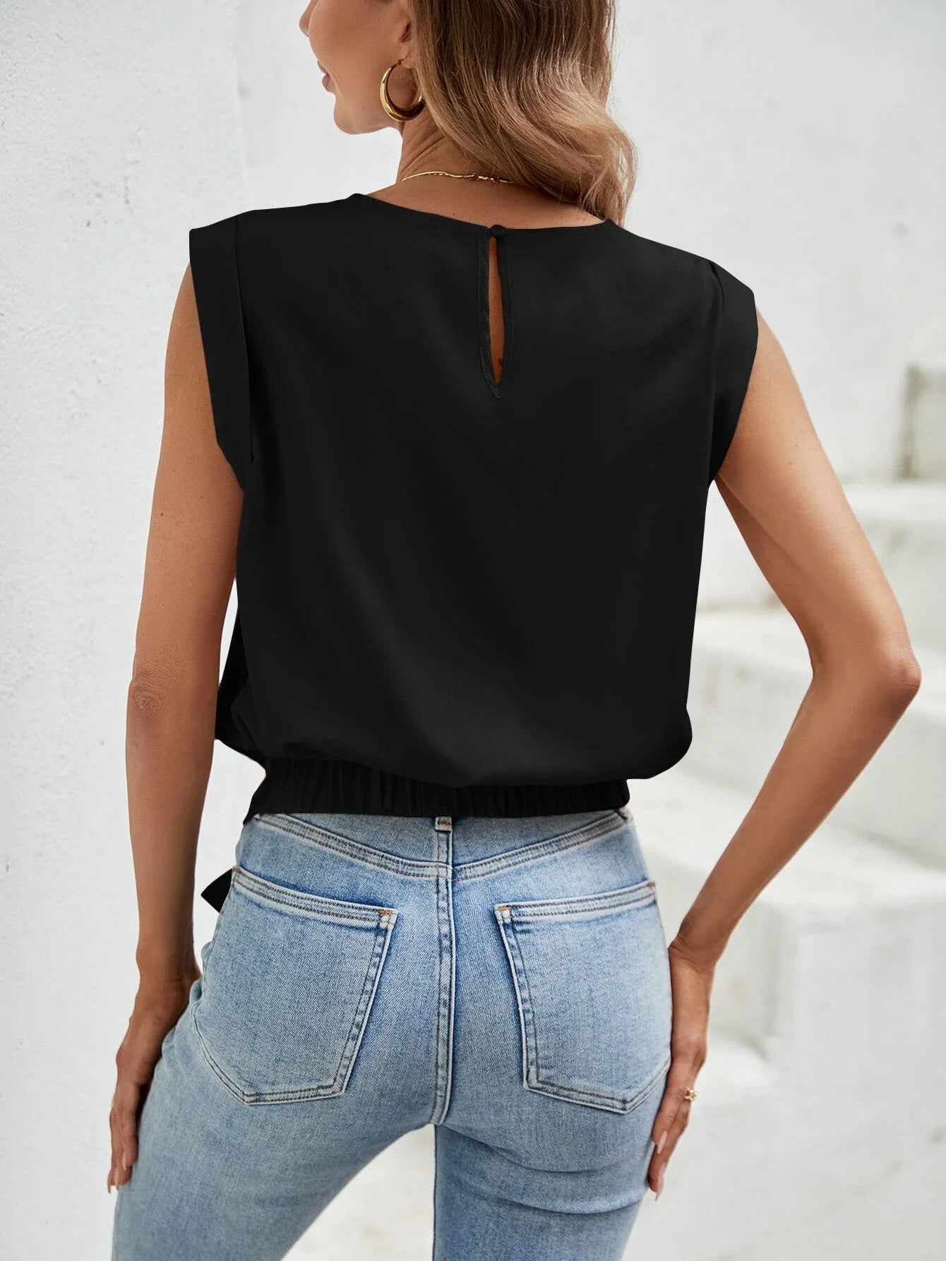 Women Fashion T-shirt Spring Summer Solid Black Sleeveless Crew Neck Tie Front Valentine's Day Elegant Stylish Casual Daily Top
