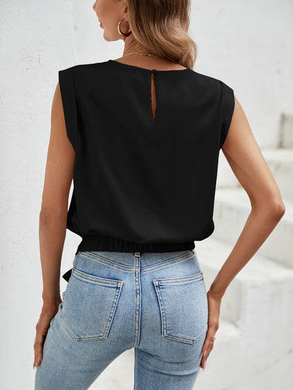 Women Fashion T-shirt Spring Summer Solid Black Sleeveless Crew Neck Tie Front Valentine's Day Elegant Stylish Casual Daily Top