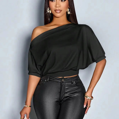 Women's Solid Color Asymmetric Collar Pleated Shoulder T-Shirt
