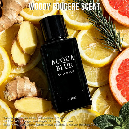 Acqua Blue Eau de Parfum for Men, 50ml Fresh Woody Fougere Cologne with Lemon, Mint & Pink Pepper Notes, Long-Lasting Clean Masculine Fragrance for Office, Daily Wear & Gifts