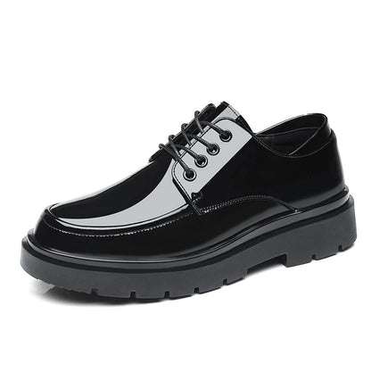 Mens Black Patent Leather Perforated Lace Up Chunky Platform Oxford Shoes Breathable Casual Business Formal Summer Dress Shoes
