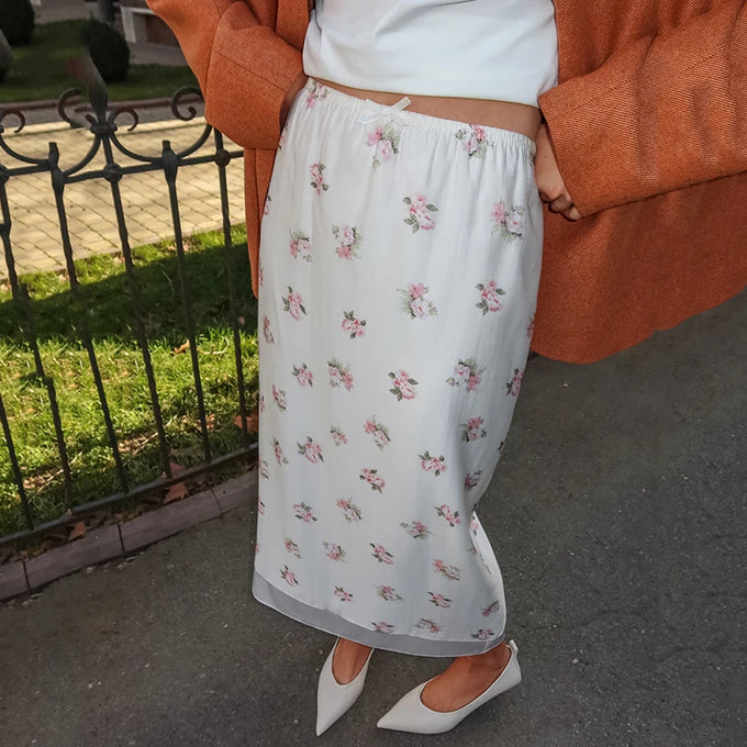 Printed Mesh Long Skirt