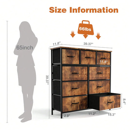 Tall 9 Fabric Clothes Cabinet Storage Organizers And Wood Top Surface Table Chest ,9 Drawer Dresser,Fabric Storage Tower For Bedroom, Hallway, Entryway, Closet, Tall Chest Organizer Unit With Fabric Bins, Steel Frame, , Easy