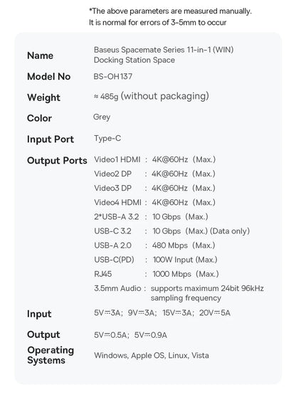 Baseus 12-in-1 USB C HUB to HDMI 4K@60Hz Dual Display USB 3.2 Adapter with RJ45 SD TF PD 100W Docking Station for Window Mac Hub