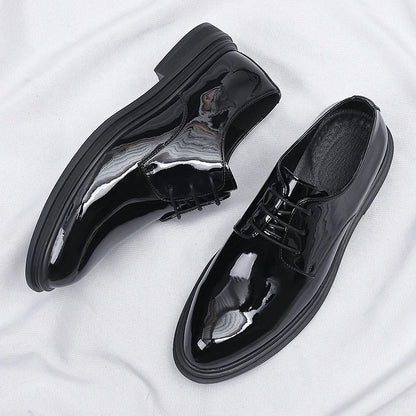 Mens Black Patent Leather Lace Up Dress Shoes With Thick Sole Platform Block Heel Formal Business Wedding Party Office Work Shoe
