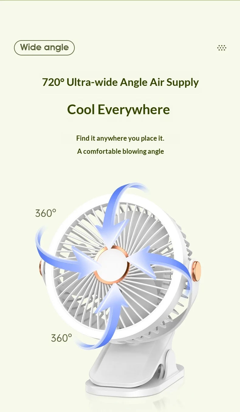 Portable Clip On Fan With LED Light, 720° Rotation Mini USB Rechargeable Fan, 5 Speed Quiet Cooling Fan For Home Office Camping