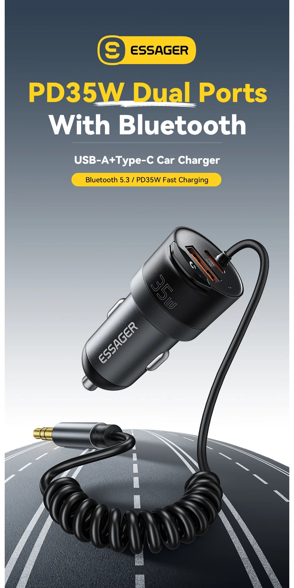 Essager Bluetooth 5.3 Car Charger 3.5mm Jack AUX Cable 35W Fast Charging for iPhone16 15 Huawei Samsung Bluetooth Car Chargers