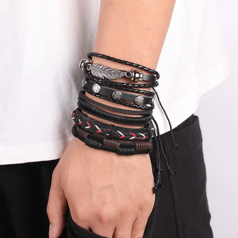 Fashion Bracelet Viking  Bracelet For Men Hand Bracelets Woven Skull Hand Jewelry Adjustable Leather Set viking man bracelet