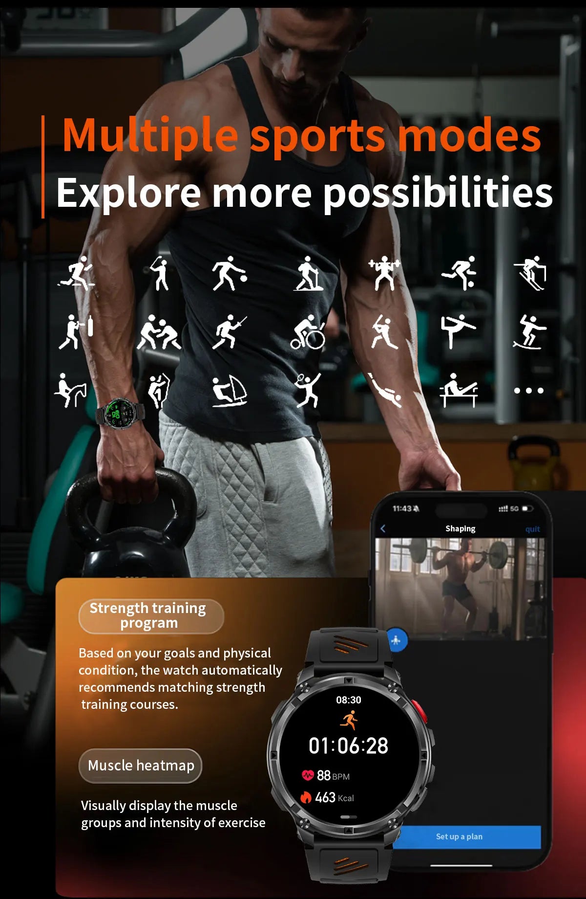 2026 T-Rex3 Ultra 1100mAh Battery 170+Sport Fitness LED Flashlight IP68 Waterproof Bluetooth call GPS track Smartwatch Compass