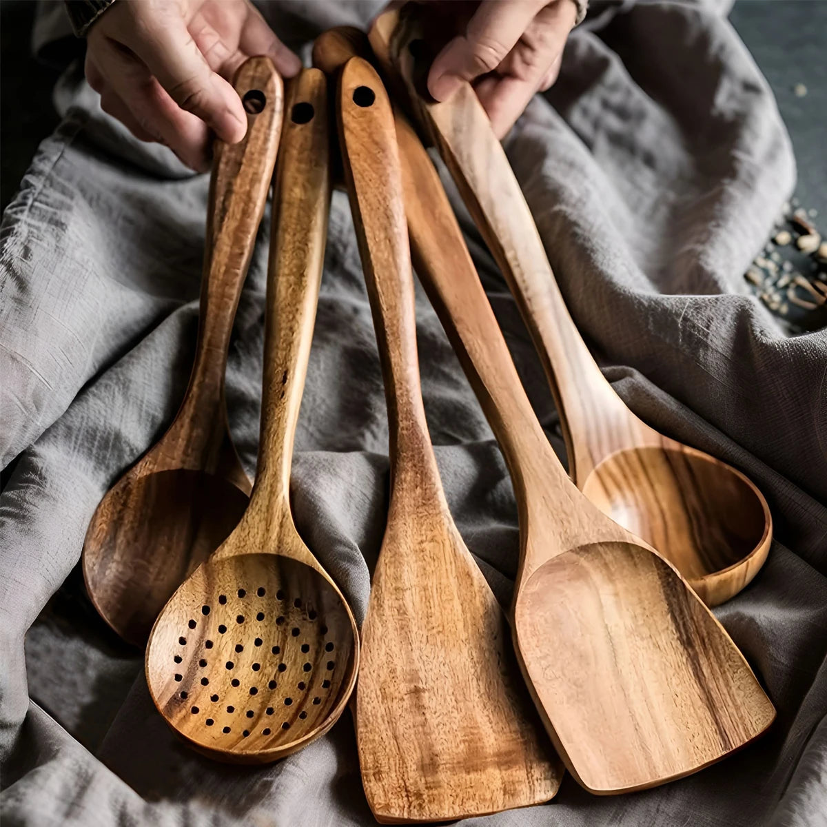 5PCS Wooden Kitchen Utensils Kit Ergonomic Handles Natural Wooden Spoons Spurtle Ladle and Wok Spatulas Cookware Accessories