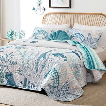Coastal Quilts Bedding Set Size, Summer Green Fish Coral Nautical Bedding Quilt Set with Pillow Cases, Ocean Beach Reversible B