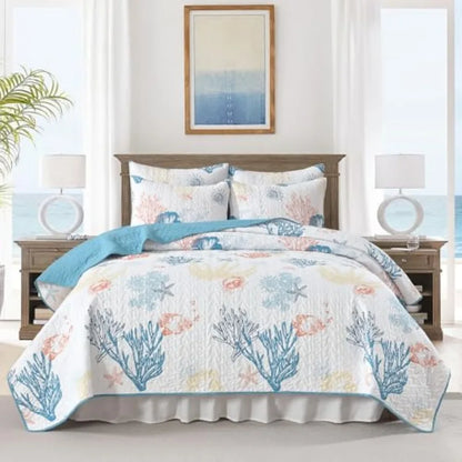Coastal Quilt Bedding Set Size Reversible Summer Beach Quilt Lightweight Ocean Nautical Comforter Tropical Bedspread Coverlet w