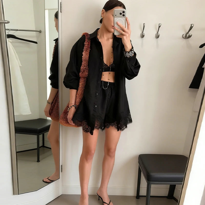 Women's Casual Long Sleeve Single Breasted Shirts 2026 Spring Lace Floral Hem Blouse Elegant Classical Stylish Shorts Outfits