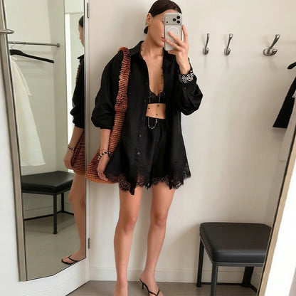 Women's Casual Long Sleeve Single Breasted Shirts 2026 Spring Lace Floral Hem Blouse Elegant Classical Stylish Shorts Outfits
